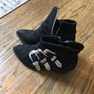 Suade size 6 1/2 black buckled booties